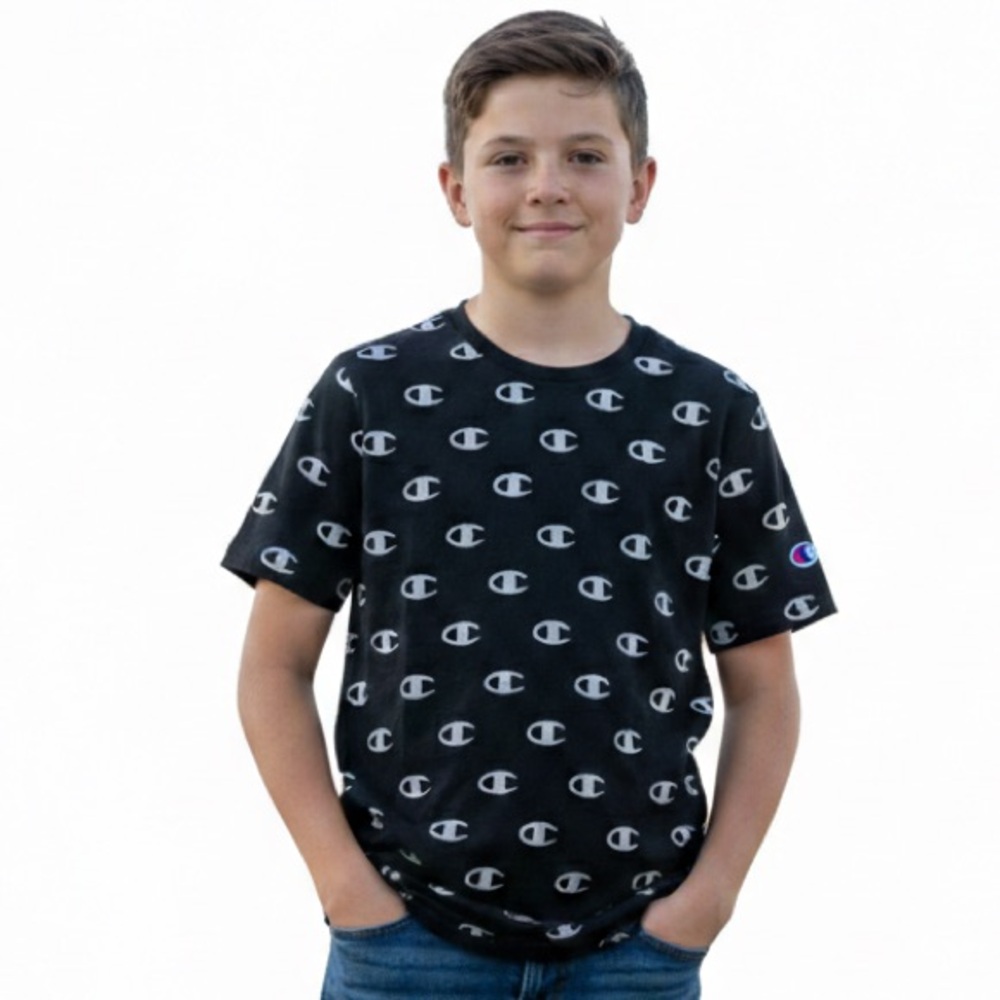 Champion Authentic Athleticwear Black Tee Iconic All Over Logo Design Boy XL